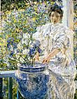 Woman on a Porch with Flowers by Robert Reid